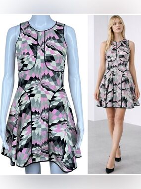 Tibi Isosceles Geometric Pink Silk Linen Blend Dress Size 0 Fit Flare Black Mini